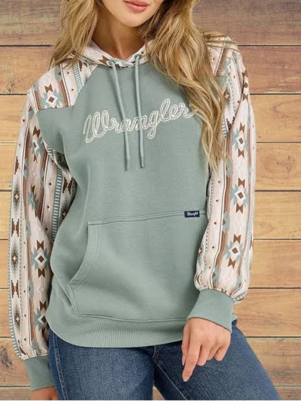 Wrangler Sage Green Zip-Up Style Hoodie with Aztec-Print Sleeves Size XXL